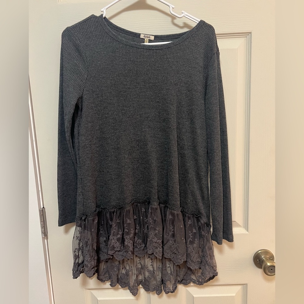 dylan Charcoal Knit Long Sleeve Top with Lace Ruffle Hem